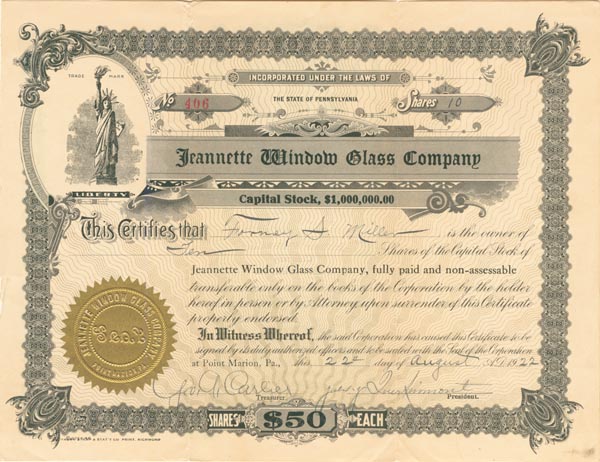 Jeannette Window Glass Co. - Stock Certificate